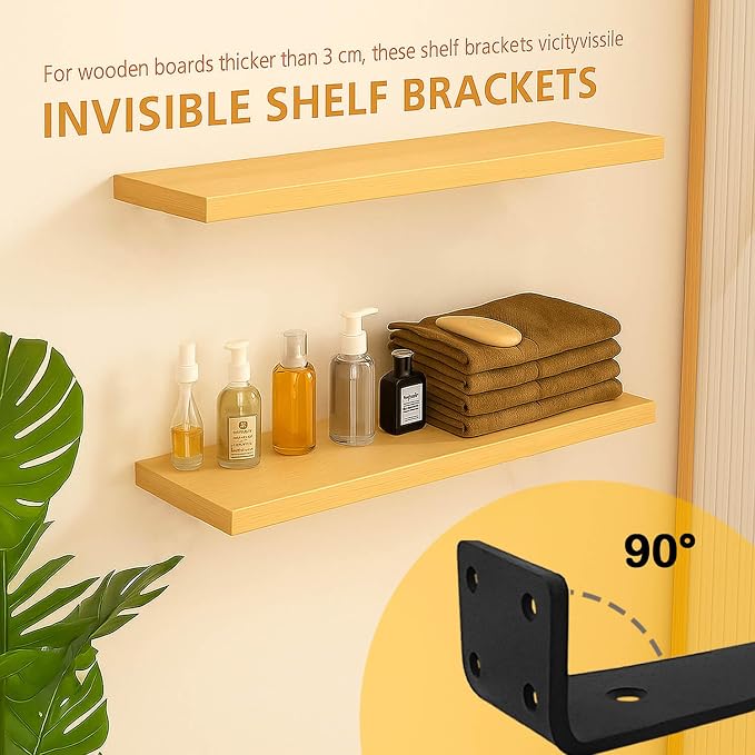 Floating Shelf Bracket 12 Inch of 6 Pack Heavy Duty Shelf Brackets Brackets for Shelves Black Coated Metal L Bracket Wall Shelf Support DIY Brackets with 1/5 Inch Thick and 160 LBS Load Capacity