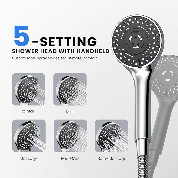 Chrome Rain Shower Head with Handheld Shower Head, 5 Spray Modes | High-Pressure Dual Shower Combo, Multi-Spray Handheld, 15-Inch Metal Extension Arm, Detachable Design for Easy, Flexible Use