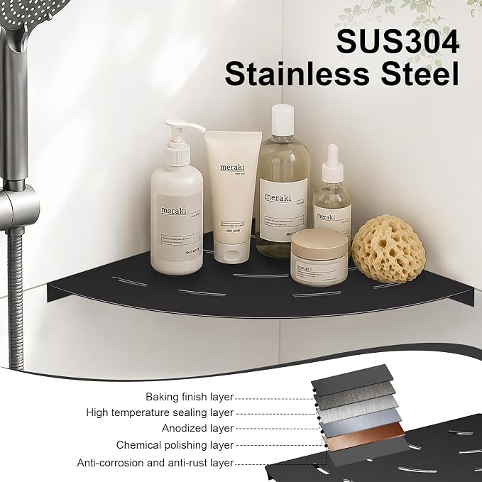 soaez Matte Black Corner Shower Shelf, SUS304 Stainless Steel Bathroom Shower Shelves Prevent Rust Drilling Installation (8", 2Pack)