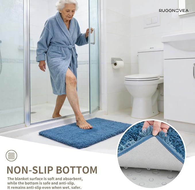 Bathroom Rugs Non Slip Washable 59x24, Ultra Thick Soft Microfiber Absorbent Bath Mats, High Density Foam Latex Non Slip Backing Bath Rugs, Fluffy Floor Carpet for Tub&Shower, Blue