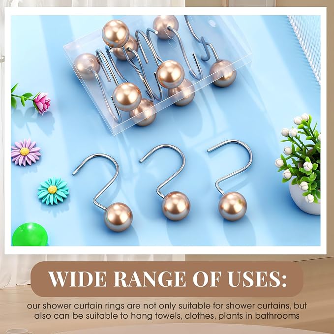 12 Pcs Cute Shower Curtain Hooks Shower Curtain Rings Artificial Pearl Decorative Vintage Rustproof Hooks for Bathroom Country Farmhouse Decor(Gold)