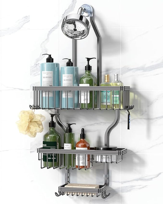 Never Rust Shower Caddy Hanging, Aluminum Shower Racks for Inside Shower, 3-Tier Shower Organizer Hanging Over Shower Head with Hooks and Soap Holder, Grey