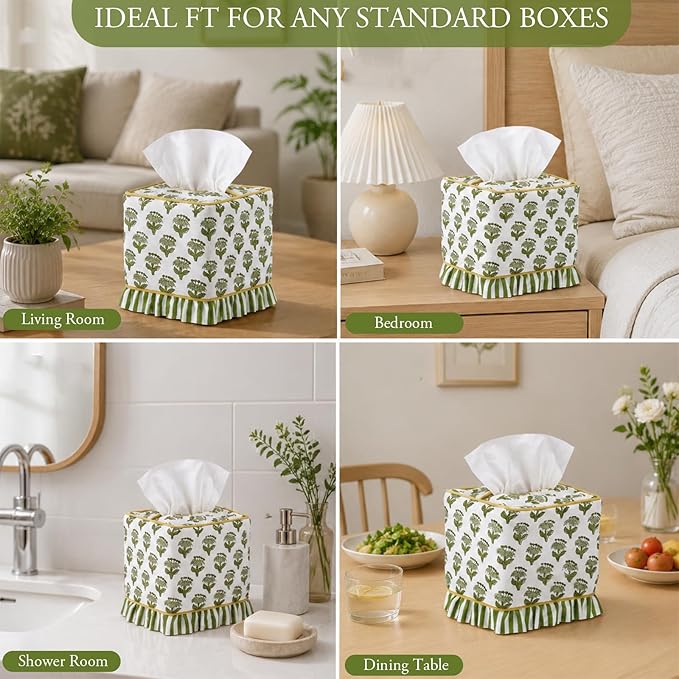 Emerald Green Floral Ruffle Tissue Box Cover Block Printed Cotton Fabric Napkin Holder Square Boho Decorative Box Cover for Bedroom Living Room Bathroom Vanity Countertop Car Office Kitchen