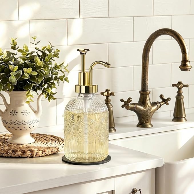 SheeChung 12oz Vintage Glass Soap Dispenser with Gold Pump, Clear, 2 Pack | Refillable Dish and Hand Soap Dispenser for Bathroom Kitchen, Rustic Liquid Lotion Bottle,BPA-Free,Funnel,Mat,Farmhouse Decor