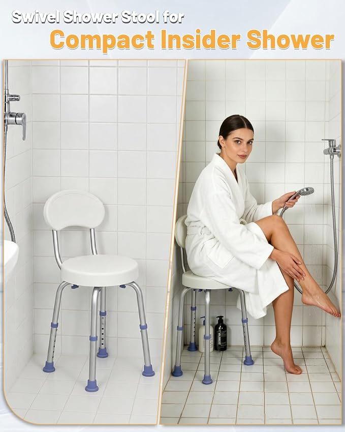 HSA/FSA Swivel Shower Chair for Inside Shower, Upgraded Small Shower Chair with Back, Adjustable Shower Stool for Inside Shower, Shower Chair for Inside tub Bath Stool for Senior/Pregnant