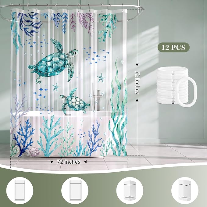 Clear Shower Curtain Liner, Sea Turtle Ocean PEVA, 72x72 Inch | Beach Coastal Waterproof Bath Plastic Shower Curtains Set with 3 Weighted Magnets and 12 Hooks for Bathroom Decor