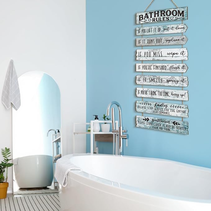 Bathroom Wall Decor Funny Bathroom Signs Bathroom Rules Pictures Wall Art Decor Rustic Farmhouse Toilet Decor Wooden Sign (Turquoise)
