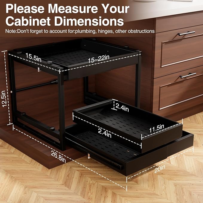 2-Tier Expandable Pull Out Cabinet Organizer, Heavy Duty Adjustable Width Metal Slide Out Shelf, No Screw Cabinet Storage Rack for Kitchen Bathroom 17in Depth Cabinet（Black）