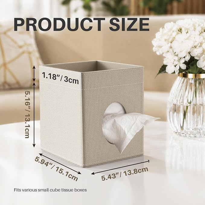 Square Tissue Box Holder with Storage Tray Tissue Box Cover, Tissues Cube Boxes Cover for Nightst, Dining Table, Dressing Table, Tea Table, Coffee Bar (Linen)