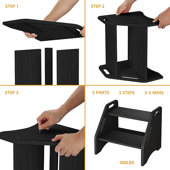 AMBIRD Wooden Step Stool - Two-Step 300 lbs Capacity With Safety Non-Slip Pads and Handles, Bamboo for Bathroom, Kitchen, Dual Height for Adults (Black)