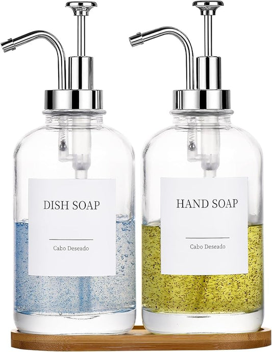 Glass Soap Dispenser with Pump, Dish and Hand Soap Dispenser for Kitchen Bathroom Set, Clear Glass Dispenser Set of 2 Pack with 18 Stickers Funnel Bamboo Tray 500ml 18oz / Each Bottle Sliver Pump