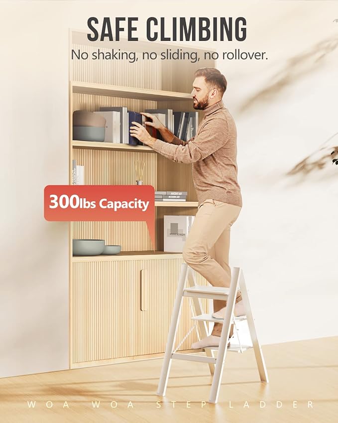 3 Step Foldable Step Stool, 300lbs Load, White | Folded 35''H x 2''T; Net 8 lbs; Non-Slip Feet: Wood/Tile/Carpet; Rigid Aluminum Steps; No Assembly; Ready From Box.