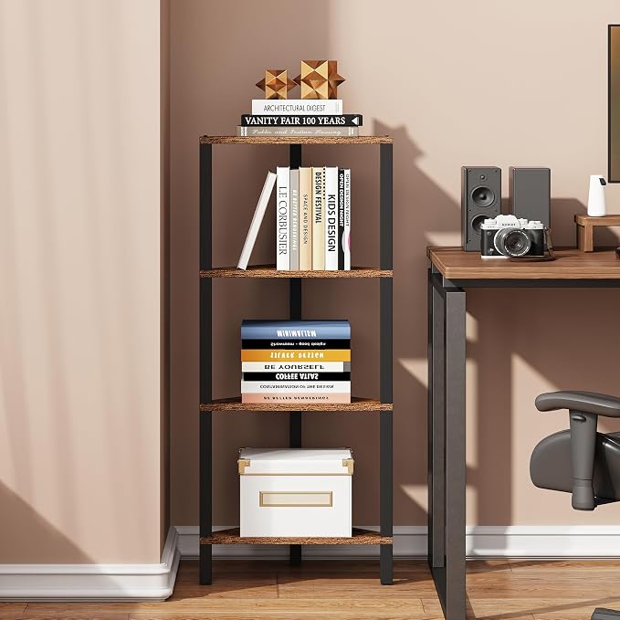 TUTOTAK Corner Shelf, 4-Tier Corner Bookshelf for Small Space | Narrow Display Corner Shelf Stand with Storage Rack, for Living Room, Bedroom, Rustic Brown BS05BB004