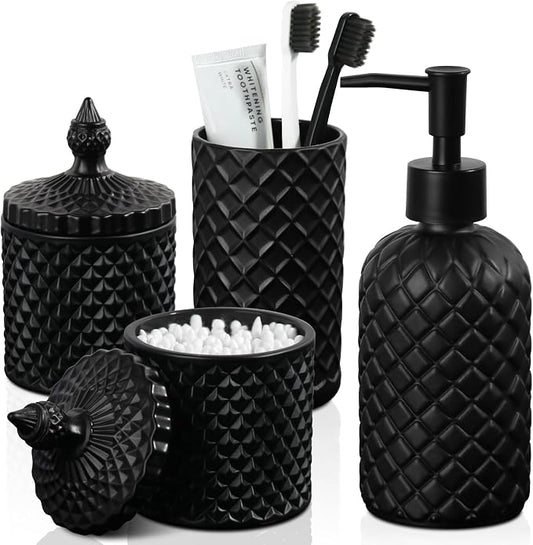 RYTOXILO Matte Black Bathroom Accessories Set, 4 Pack Black Bath Accessory Sets Complete, Diamond Glass Soap Dispenser and Toothbrush Holder Set for Countertop, Gothic Decor Organizer Essentials