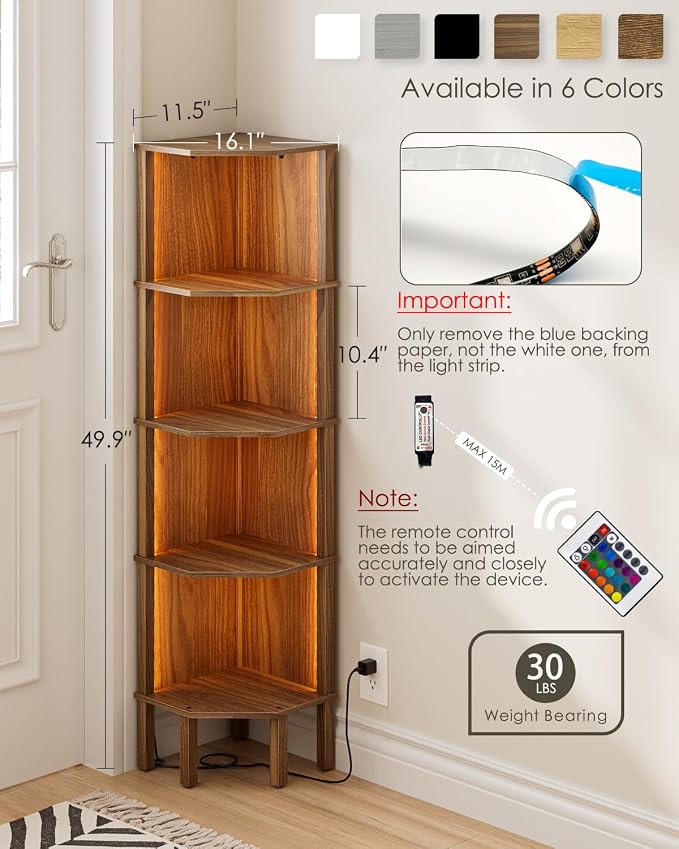 Corner Shelf Stand, 5 Tier Corner Bookshelf,Corner Furniture for Bedroom Display Corner Shelf for Small Space,Wood Shelves with Storage Rack for Living Room,Office,Walnut