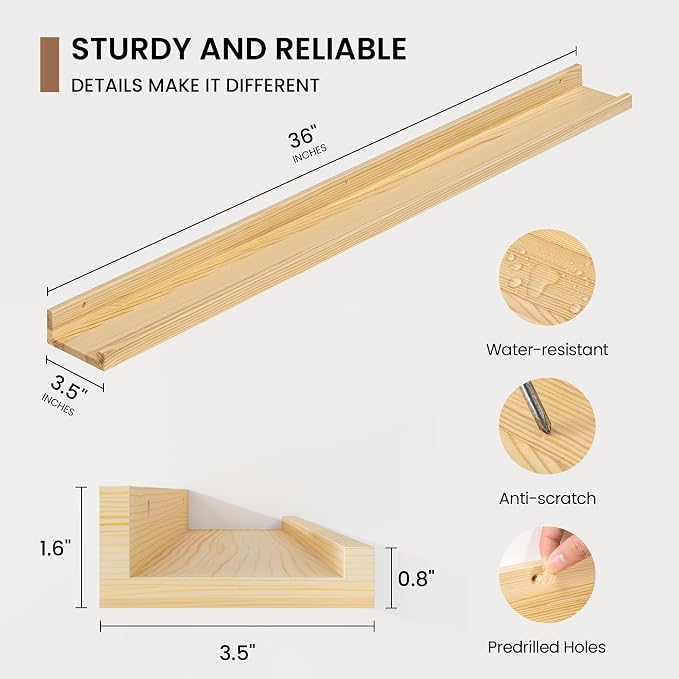 Picture Ledge Shelf, Floating Shelves Set of 2, 36 Inches Solid Wood Nursery Book Shelves for Toys Storage, Kids Bookshelf Wall Mounted for Living Room Decor Books Photo Frames, Unfinished Natural