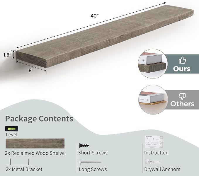 44 Inch Long Solid Wood Floating Shelves for Wall,Reclaimed Wood Wall Shelf for Storage,8 Inch Deep Heavy-Duty Wall Mounted Shelves with Invisible Brackets for Living Room,Bedroom,Kitchen,Grey