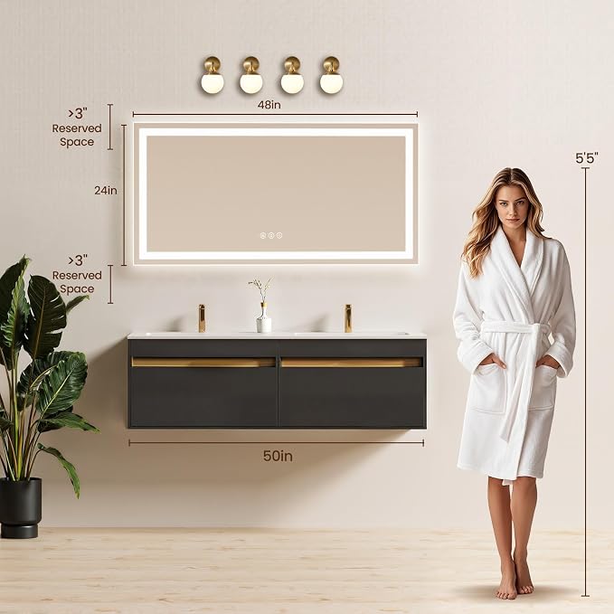 48x24 LED Bathroom Mirror with Anti-Fog, Backlit & Front Lit, Memory | Stepless Dimmable 3 Color CRI 95+ Shatterproof Tempered Glass ETL Listed for Safety Lighted Bathroom Vanity Mirror for Wall