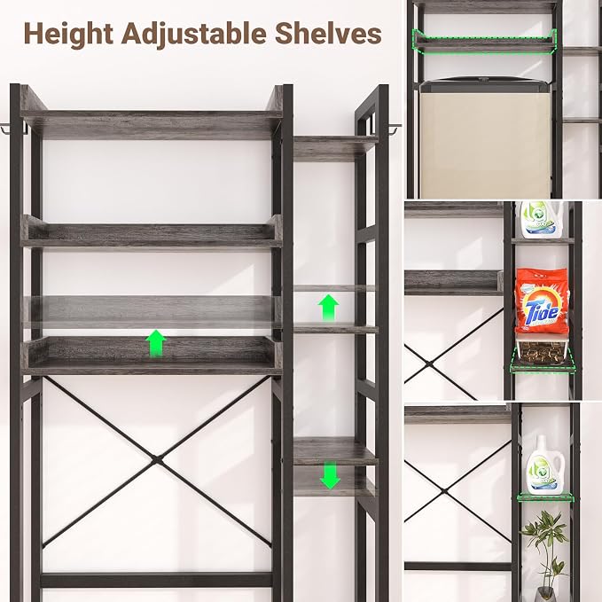 Besiost Over The Toilet Storage, 7 Tier Bathroom Organizer with Reversible Side Shelf and 2 Fabric Drawers, Adjustable Freestanding Rack Space Saver for Small Spaces, Grey Oak