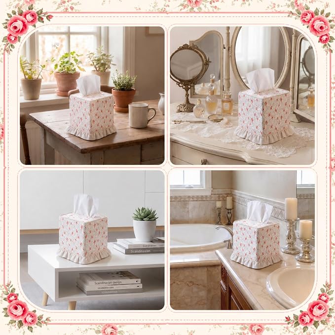 Hushee Cottagecore Ruffle Tissue Box Cover Floral Print Tissue Box Handmade Cotton Square Napkin Holder for Home Bedroom Living Room Bathroom Vanity Countertop Car Office Kitchen(Pink)