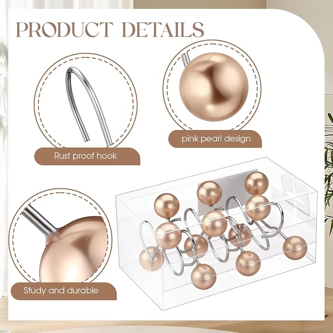12 Pcs Cute Shower Curtain Hooks Shower Curtain Rings Artificial Pearl Decorative Vintage Rustproof Hooks for Bathroom Country Farmhouse Decor(Gold)