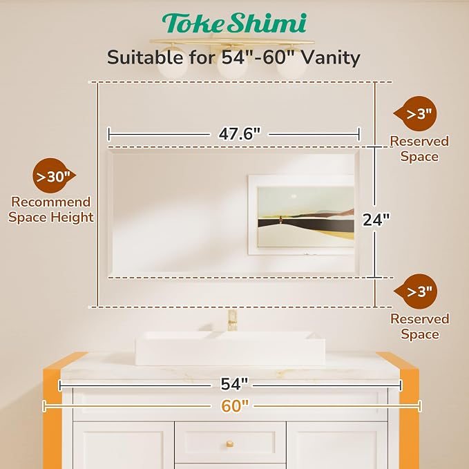 48x24 Beveled Frameless Bathroom Mirror Decorative, Bathroom Vanity Mirrored with 1" Beveled Edge, Shatterproof Modern Frameless Mirror Rectangle for Living Room, Entryway, Restroom
