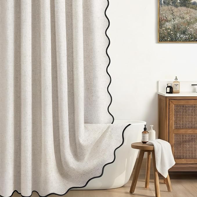 Scalloped Shower Curtain Linen Boho Ivory White 72" W x 72" L | Linen Fabric, Black Border, Washable, Heavy Duty Cloth, Shower Curtain for Boho Farmhouse Bathroom Bathtub