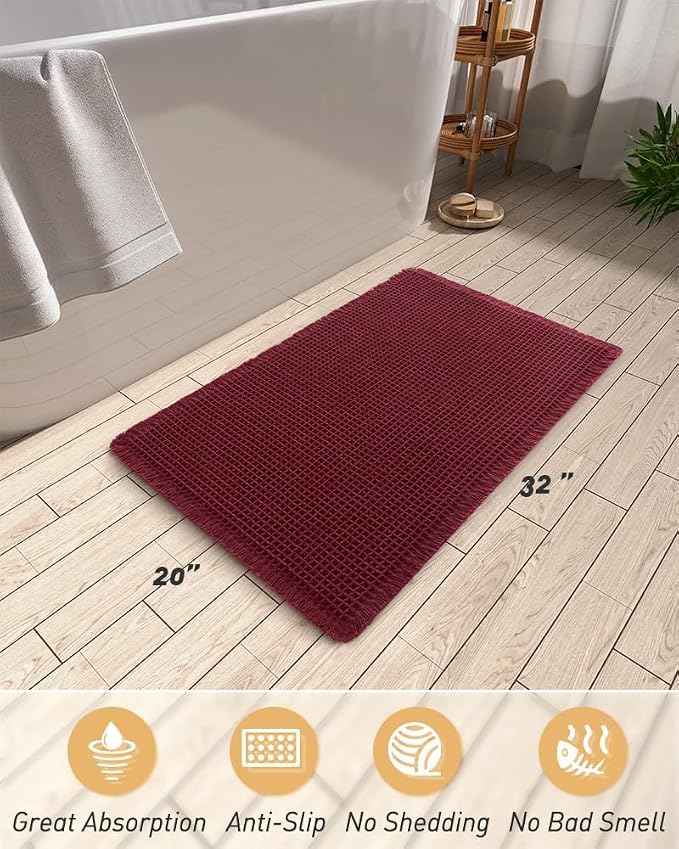 AMOAMI Upgraded Waffle Bath Mat, Super Absorbent Non Slip Bath Mats for Bathroom Floor, Washable Bathroom Rugs with Tassels, Rubber Backed Bathroom Mats, Ultra Soft, 20" x 32", Burgundy
