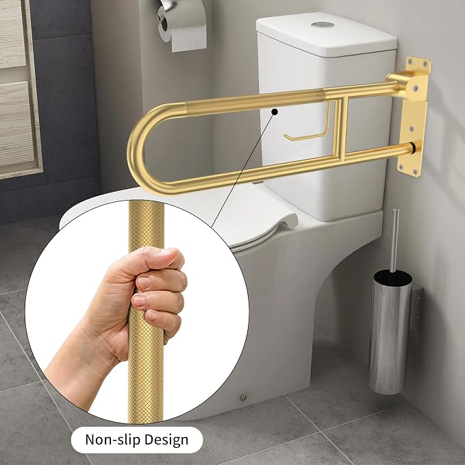 Toilet Grab Bar 32 Inch, YuanDe Flip Up Grab Bar with Paper Holder | Brushed Gold Anti-Slip Safety Bars for Toilet, Stainless Steel Knurled Toilet Handles for Seniors Disabled Elderly Pregnant