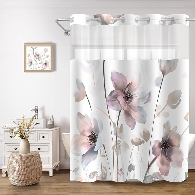 No Hook Shower Curtain and Liner Set, Pink Boho Floral 71x74 | Watercolor Boho Flower, with Snap in Liner, Waterproof, Machine Washable, Quick-Drying, for Hotel Bathroom