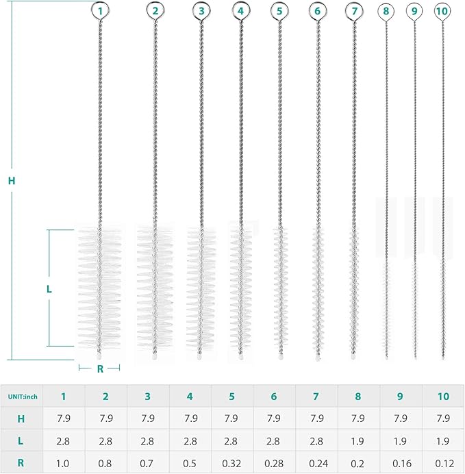 CiaraQ Bottle Cleaning Brushes, 8 Inch Nylon Tube Brush Set | White Cleaner for Narrow Neck Bottles Cups with Hook, Set of 10pcs.