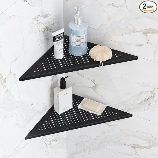 Qeke 2 Pack Bathroom Corner Shelf, Recessed 12" Corner Shower Shelf, SUS304 Stainless Steel Triangular Wall Mount, No Drilling, Matte Black | 304 Stainless Steel Grout in Bathroom Corner Shelves, Bathroom Shelf for Tiled Wall, Rustproof, No Drilling Re...