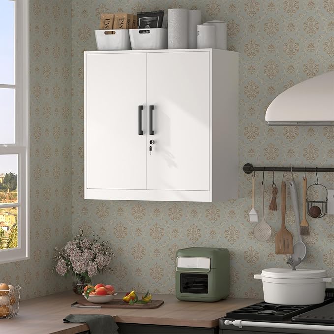 Wall Cabinet,Lockable Storage Cabinets with Adjustable Shelf,Locking Wall Storage Cabinet with Doors for Laundry Room,Home Office,White