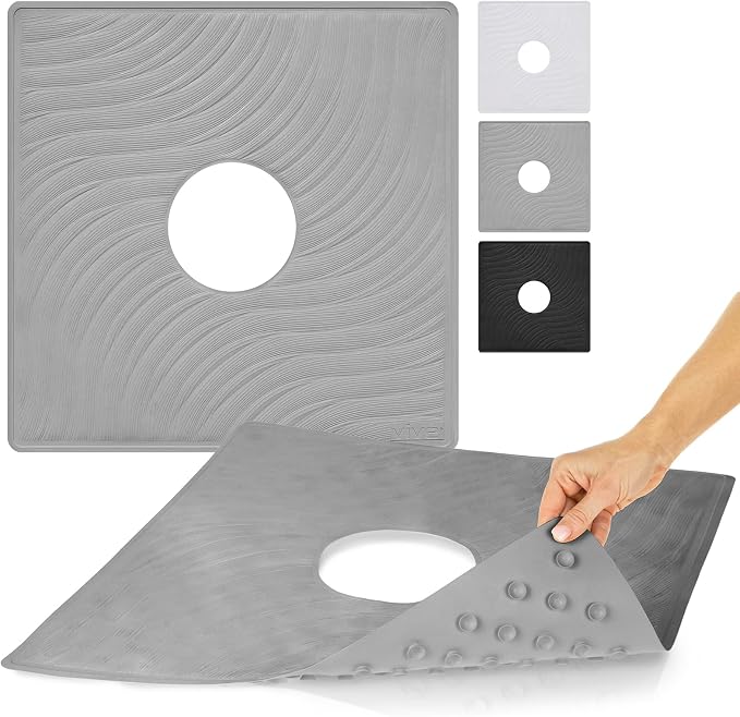 Vive Shower Mat - 22" by 22" Square Non Slip Large Bath Mat for Bathtub - Patented Design - Suction Cup Traction Skid Pad for Stalls Floors Tub - Textured Rubber with Drain Hole | Patented Design - Suction Cup Traction Skid Pad for Stalls Floors Tub - ...