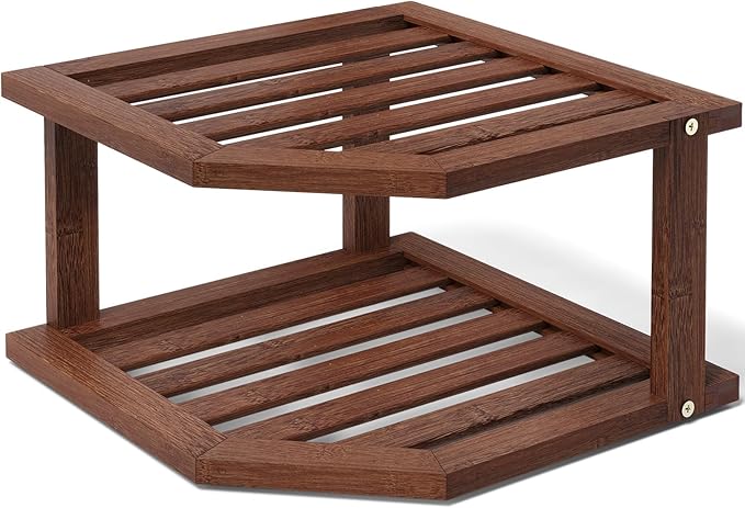 VERTORGAN 2 Tier Bamboo Plate Organizer,Corner Shelf for Kitchen(Brown | Pantry Storage,Dish Rack,Spice Rack,Corner Organizer,Kitchen Counter Shelves,Kitchen Storage,Holds Plates
