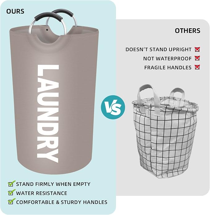 90L Large Laundry Basket, Dirty Clothes Waterproof Laundry Hamper, Khaki | Collapsible Laundry Basket with Foam Protected Aluminum Handles for Laundry Dorm Family, Black Dirty Clothes Hamper