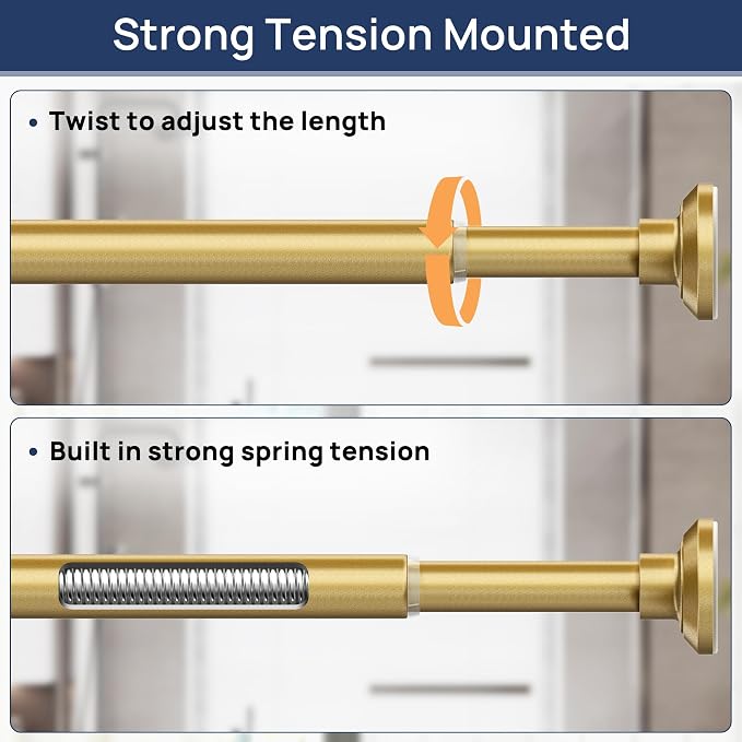 ENJOYBASICS 1" Gold Shower Curtain Rod, 30-88" Adjustable, Secure Tension | Easy No-Drill Installation, No Tools, No Gaps, Sturdy Rust-Resistant Steel, Sag-Resistant Design, Tubs, RVs, Apartments