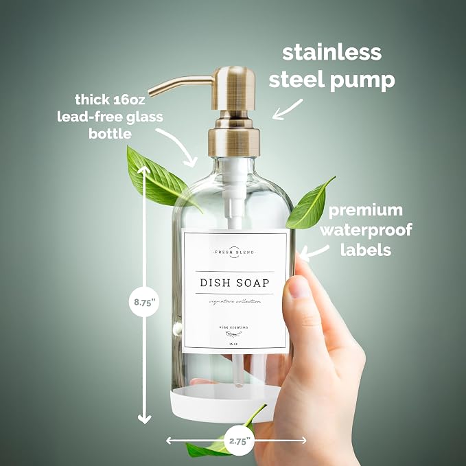 Vine Creations Clear Glass Soap Dispenser, 2 Pack Kitchen Soap Dispenser Set with Stainless Steel Pump, 16 oz Dish Soap and Hand Soap Dispensers for Bathroom with Waterproof Labels
