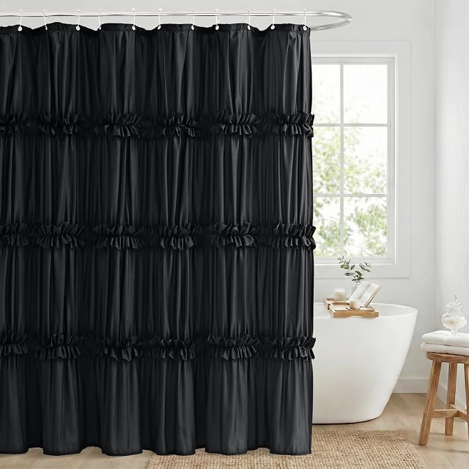LIPA Boho Shower Curtain Rustic Ruffle Shower Curtain with Ruched & Bow Vintage Farmhouse Shower Curtains for Bathroom Bohemian Bathroom Decor(Black,72x78 Inches)