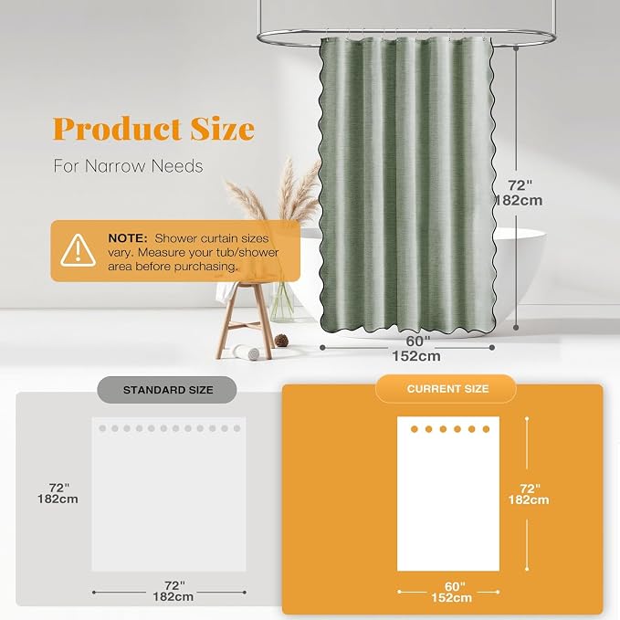 60x72 Boho Scalloped Linen Textured Cloth Shower Curtain, Sage Green | Narrow Size, 230GSM Waterproof Polyester, Heavy Duty Fabric, 10 Plastic Hooks, Chic Modern Farmhouse Style, Machine Washable