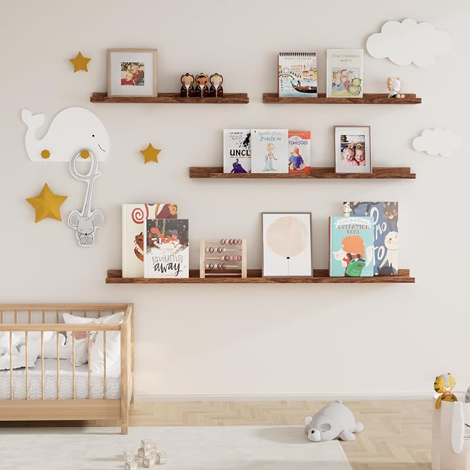 Fun Memories Picture Ledge Shelf for Wall, Floating Shelves Set of 4, 48 Inch Long Nursery Book Shelves for Toys Storage, Kids Bookshelf Wall Mounted for Books Photo Frames, Walnut