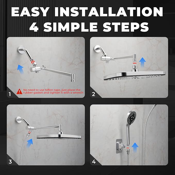 Chrome Rain Shower Head with Handheld Shower Head, 5 Spray Modes | High-Pressure Dual Shower Combo, Multi-Spray Handheld, 15-Inch Metal Extension Arm, Detachable Design for Easy, Flexible Use