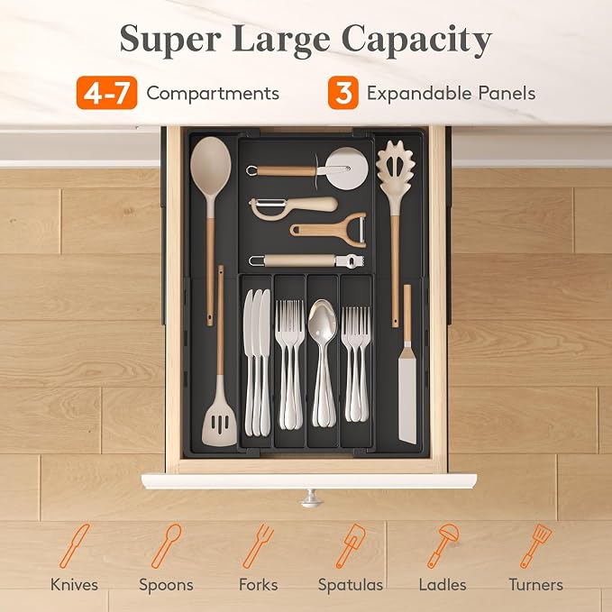 Lifewit Expandable Silverware Drawer Organizer, Utensil Tray for Kitchen | BPA Free Flatware and Cutlery Holder, Adjustable Plastic Storage for Spoons Forks Knives, 8.9-14.3 x 11.3-19.4 x 1.7", Black
