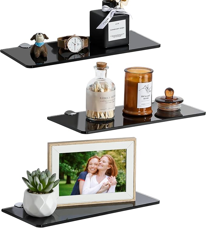 SAYAYO Glass Floating Shelves for Wall, Tempered Glass Shelves for Bathroom | Living Room, Bedroom, Office, Toilet, Kitchen Decor, 12 Inch Set of 3, Black