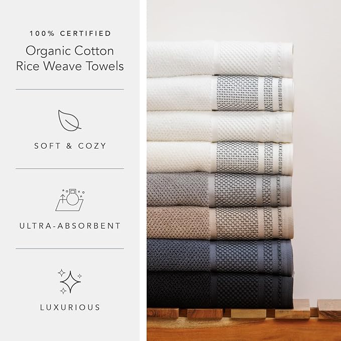 Texere 100% Organic Cotton Rice Weave Jacquard 700 GSM Luxury Bath Towel Sets - Ultra Soft and Absorbent Hotel and Spa Quality (Rice Weave, Black, 2 Bath & 2 Hand Towels)