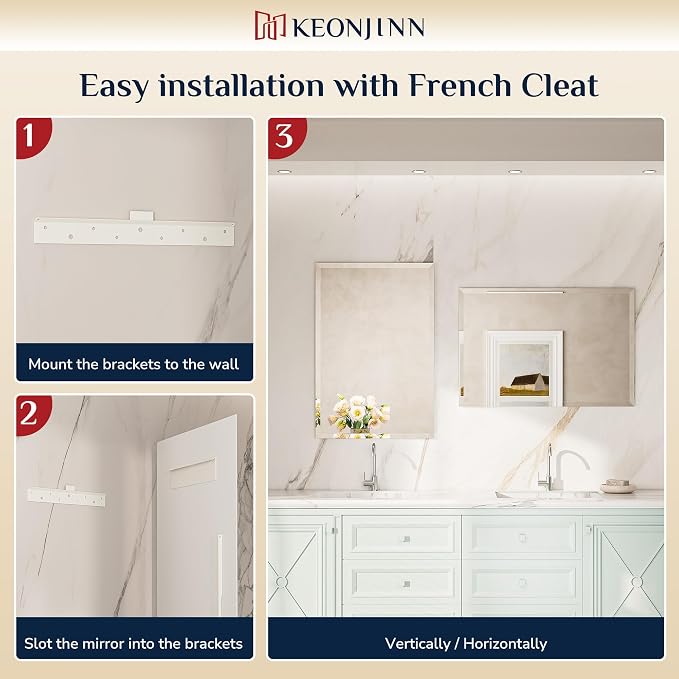 Keonjinn 22 x 30 Inch Frameless Bathroom Mirror for Over Sink, Shatterproof | Beveled Mirrors for Wall, Rectangular Vanity Mirror, Modern Decorative for Entryway, Bedroom, Hangs Horizontally/Vertically