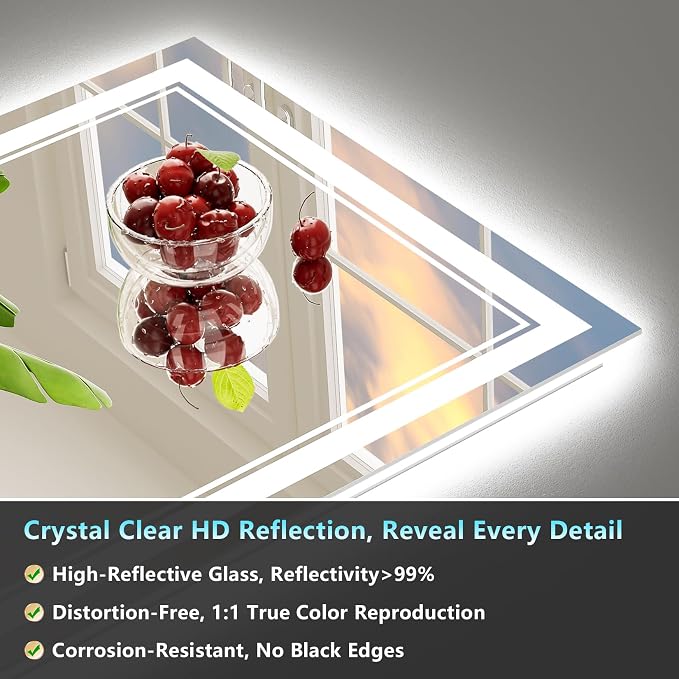 28x32 LED Bathroom Mirror, Backlit & Front Lit Lighted Mirror | Anti-Fog Vanity Mirror with Lights, 3 Color Dimmable, Memory, HD Tempered Glass, CRI95, IP54, UL Listed, Horizontal/Vertical