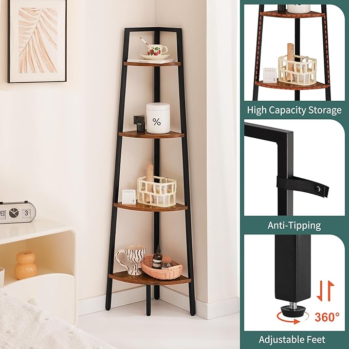 Yoobure 4-Tier Corner Shelf Stand- 54" Tall Corner Bookshelf with Metal Frame, Industrial Ladder Corner Shelves Display Shelf for Bedroom Living Room, Corner Bookcase Corner Plant Stand for Balcony