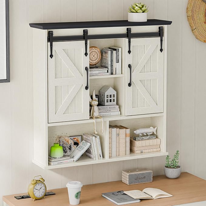 Vabches Bathroom Wall Cabinet, Farmhouse Medicine Cabinet, White and Black | Wooden Vintage Storage Cabinet Wall Mounted with Double Sliding Barn Door and Adjustable Shelf for Bathroom, Kitchen