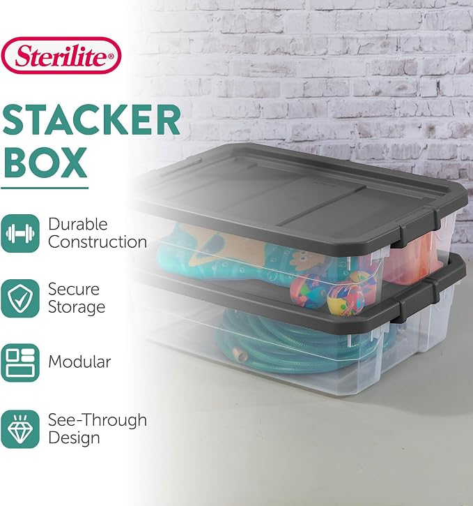Sterilite 18-Pack Modular Stacker Box, Durable Clear Plastic Storage Bins with Latching Lids, 40 Quart - Stackable Organizing Container Boxes for Closet, Bathroom, and Office